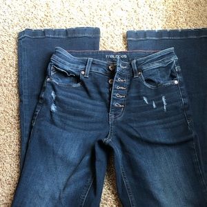 Size 6 Reg. Maurice’s brand, dark, destroyed, button fly, high rise flare.